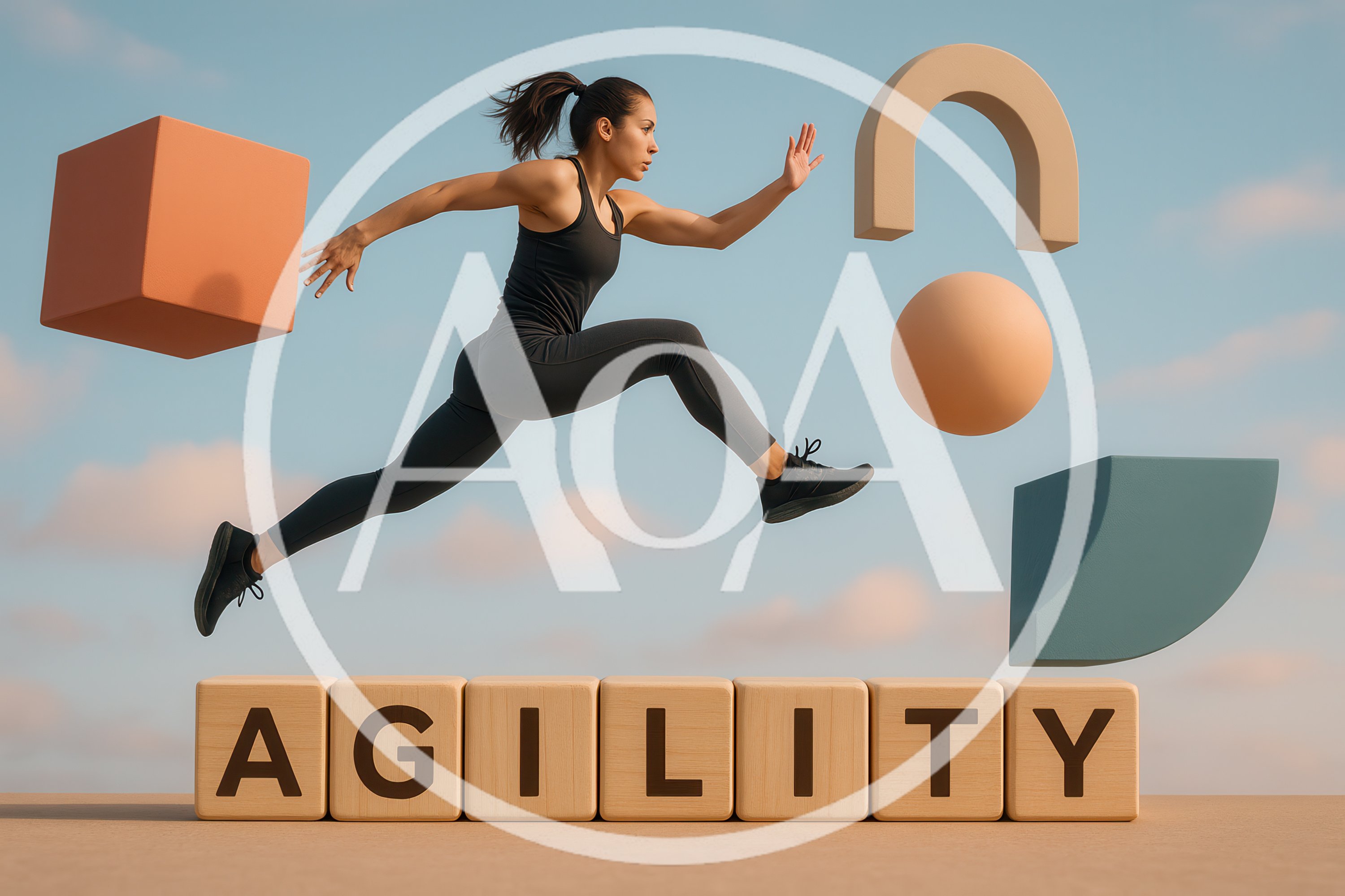 Athletic Woman Jumping Over Agility Blocks
