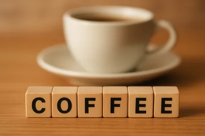 Wooden Blocks Spelling Coffee With A Cup In Background