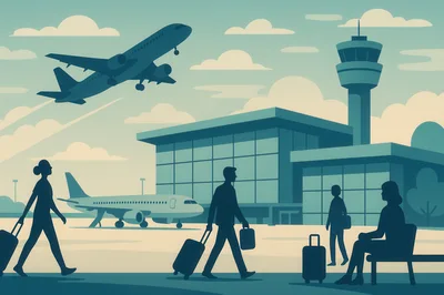 Airport Terminal Scene With Travelers And Airplanes