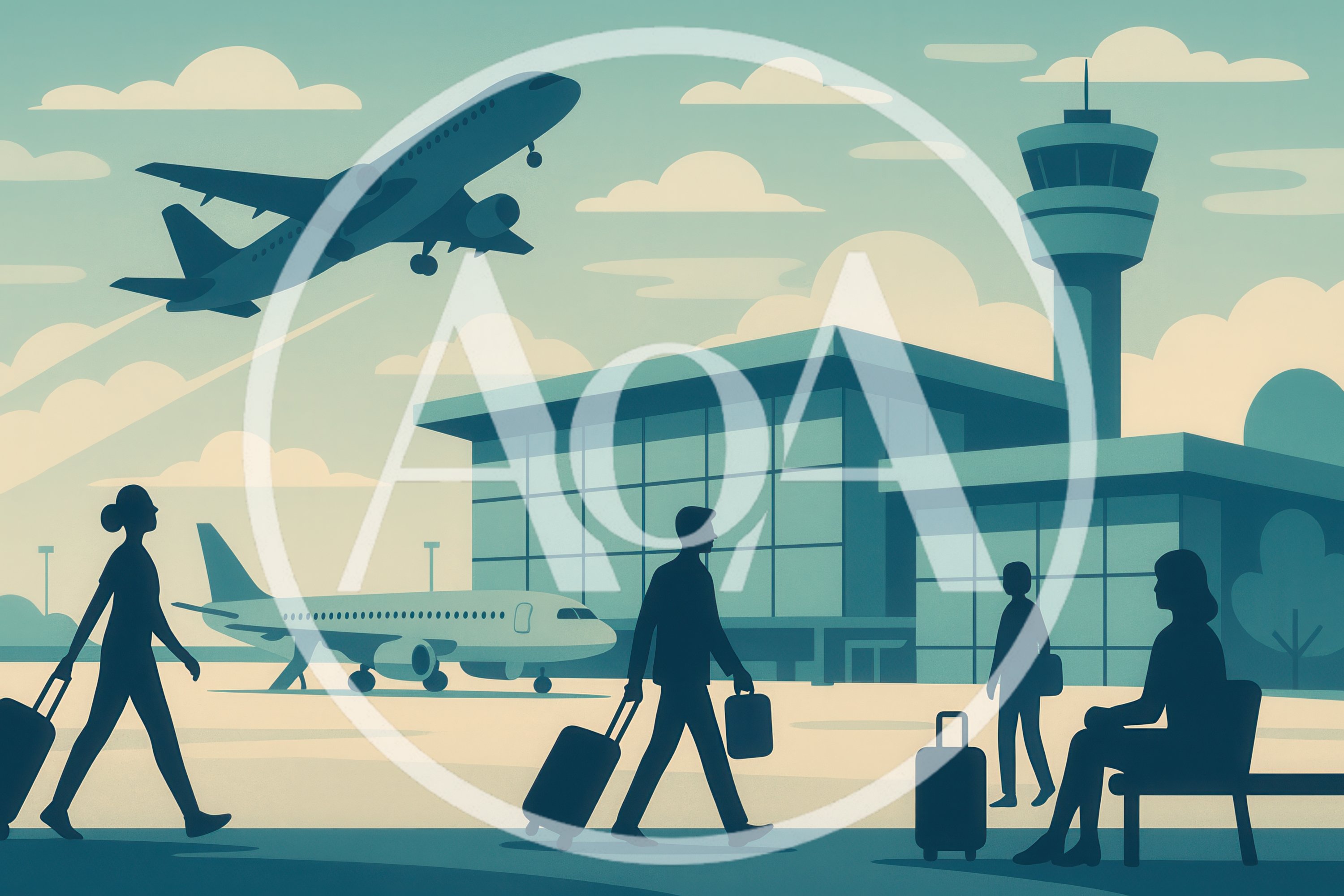 Airport Terminal Scene With Travelers And Airplanes