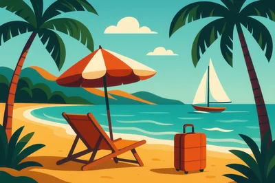Tropical Beach Vacation Scene With Deckchair And Suitcase