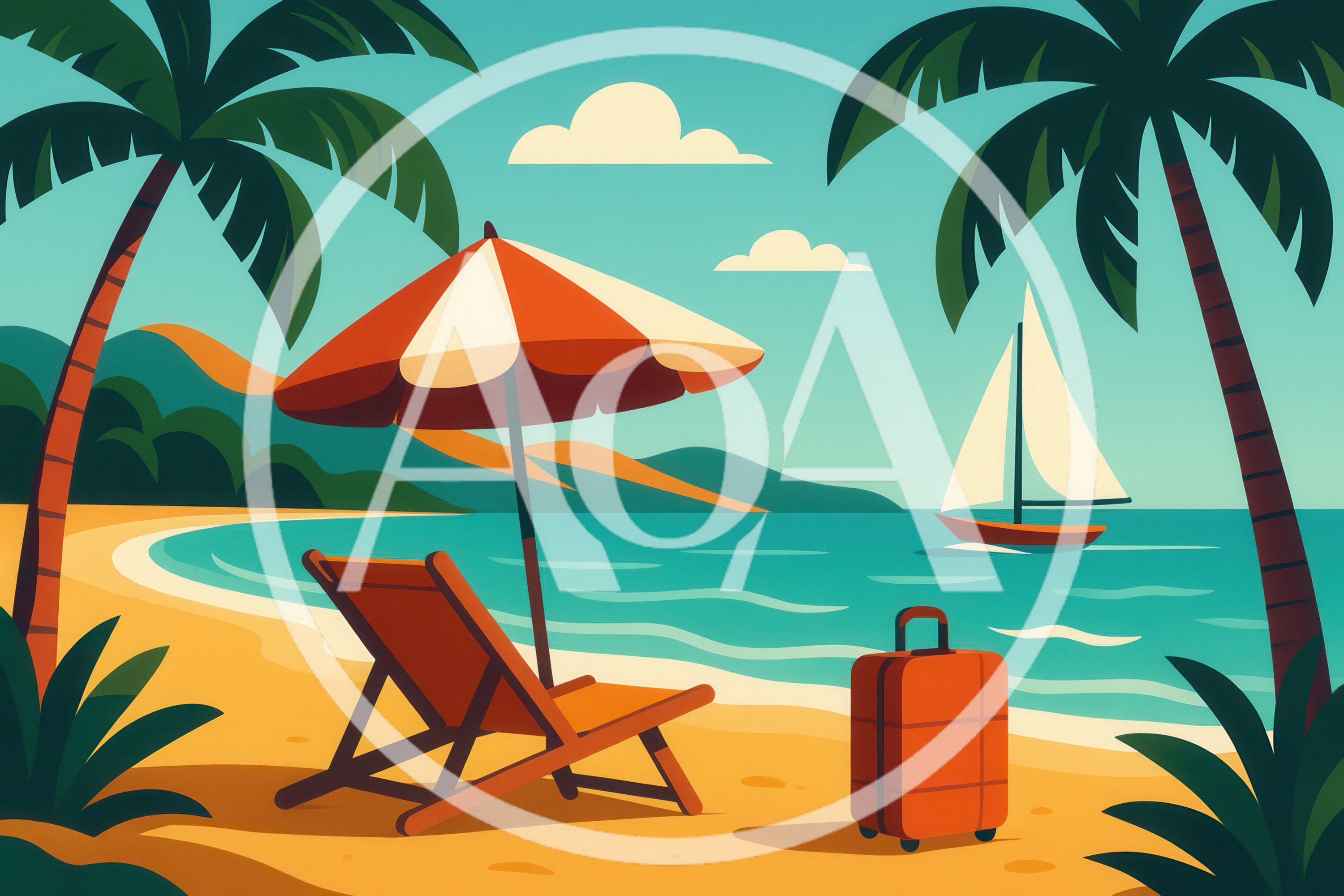 Tropical Beach Vacation Scene With Deckchair And Suitcase
