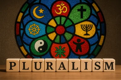 Wooden Blocks Spelling Pluralism With Religious Symbols Background