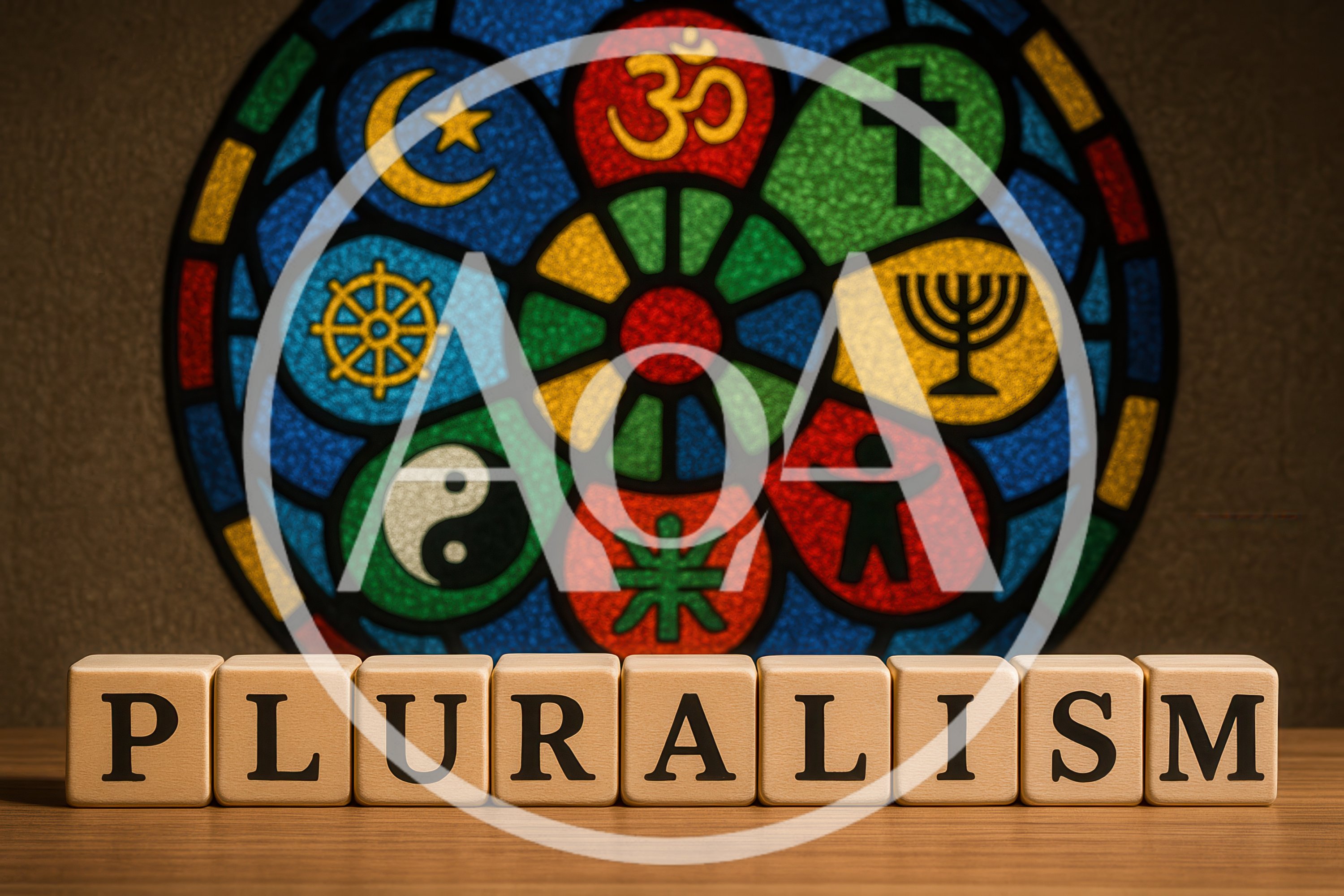 Wooden Blocks Spelling Pluralism With Religious Symbols Background