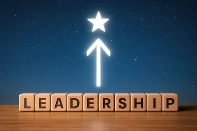 Wooden Blocks Spelling Leadership With Glowing Star And Arrow
