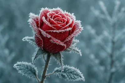 Frost Covered Red Rose In Winter Garden