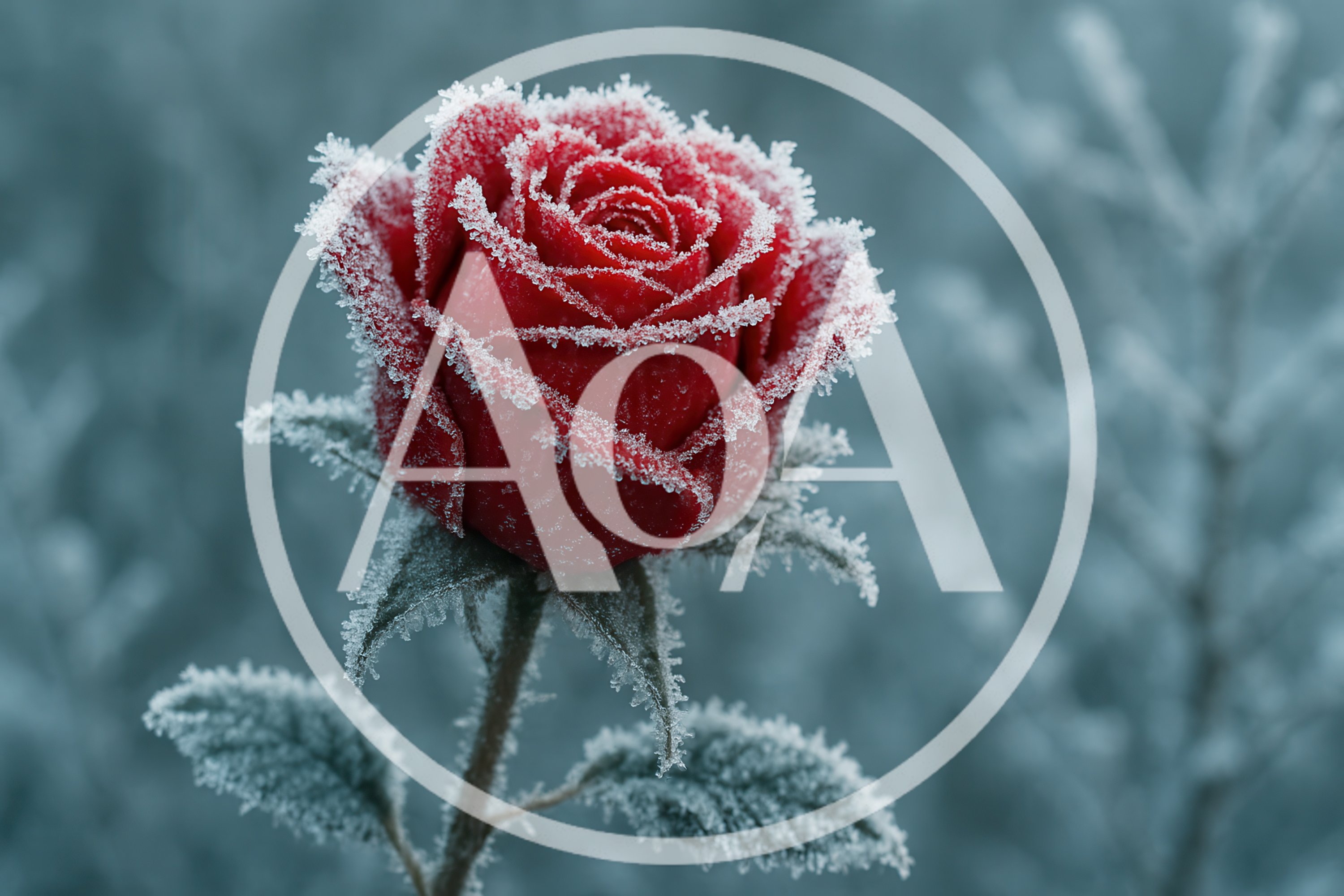 Frost Covered Red Rose In Winter Garden