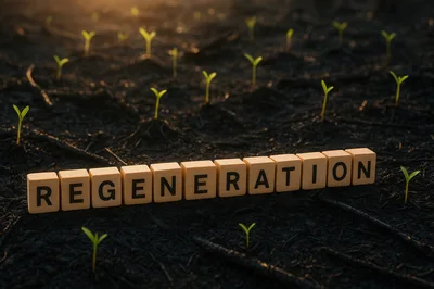 Wooden Blocks Spelling Regeneration Among Small Green Seedlings