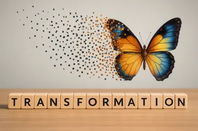 Butterfly Transformation Concept With Wooden Letter Blocks