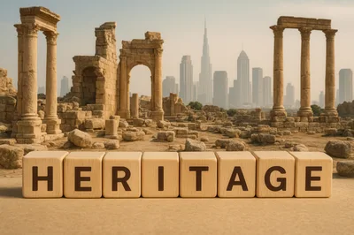 Wooden Blocks Spelling Heritage Against Ancient Ruins And Modern Skyline