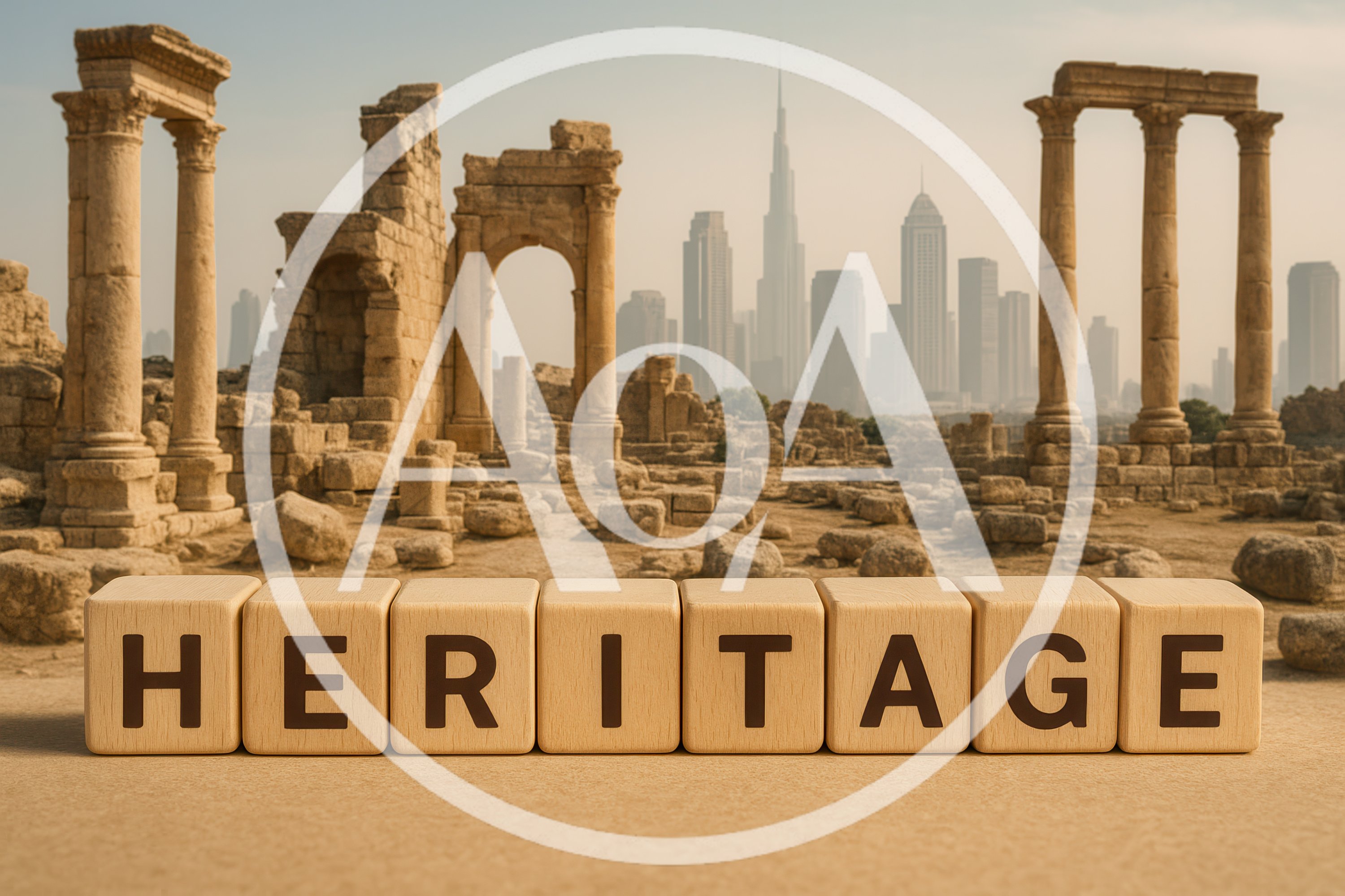 Wooden Blocks Spelling Heritage Against Ancient Ruins And Modern Skyline