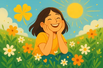 Happy Girl Sitting In A Sunny Flower Meadow