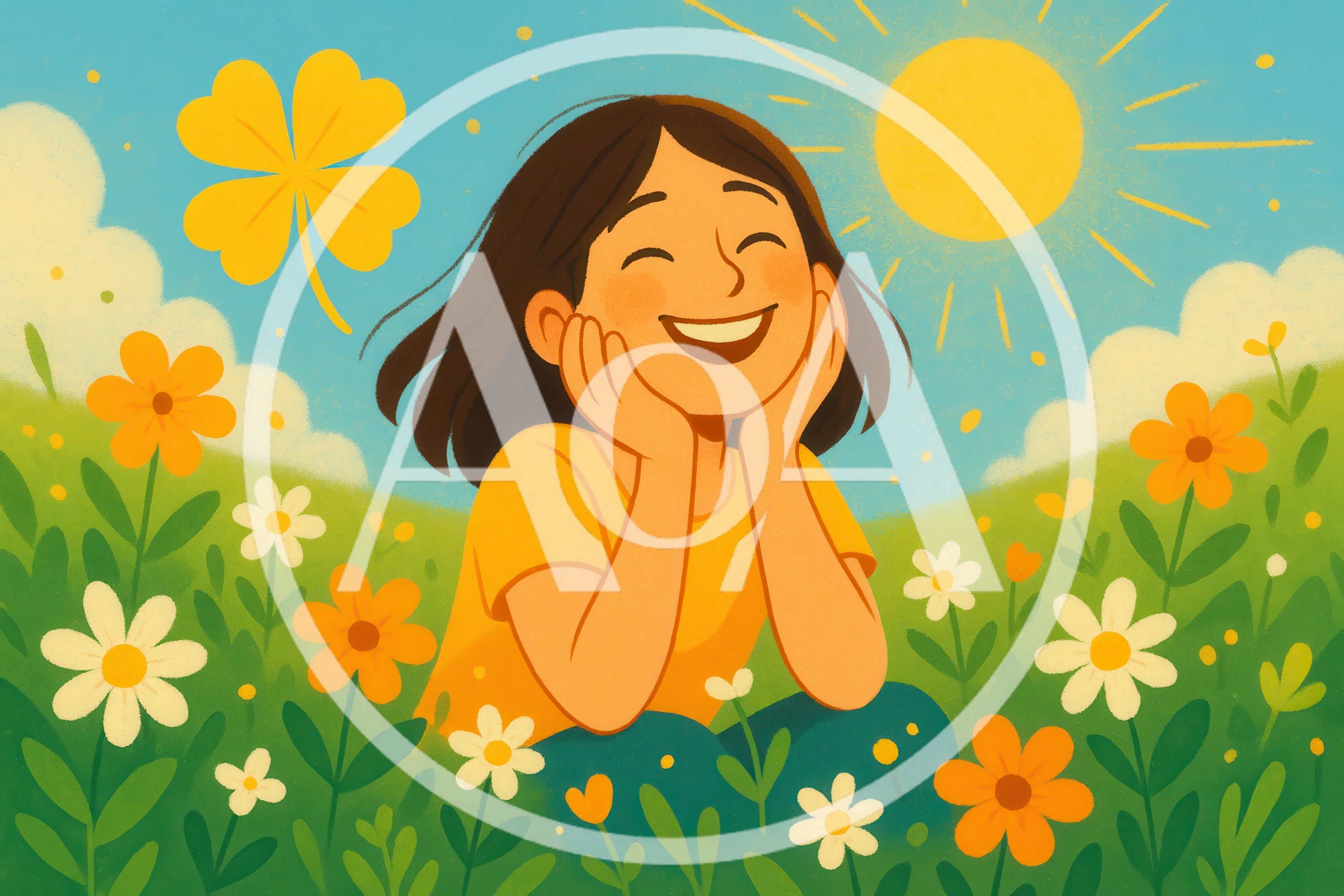 Happy Girl Sitting In A Sunny Flower Meadow