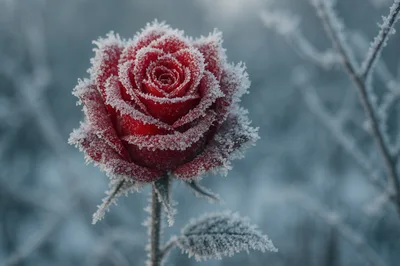 Single Red Rose Covered In Winter Frost