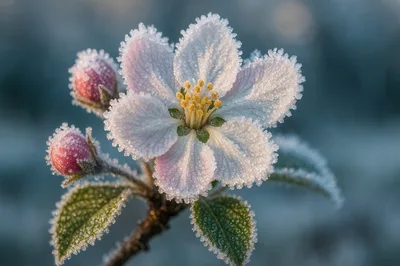 Frost Covered Apple Blossom Flower In Spring