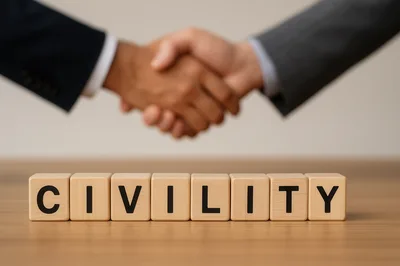 Business Handshake Over Wooden Blocks Spelling Civility