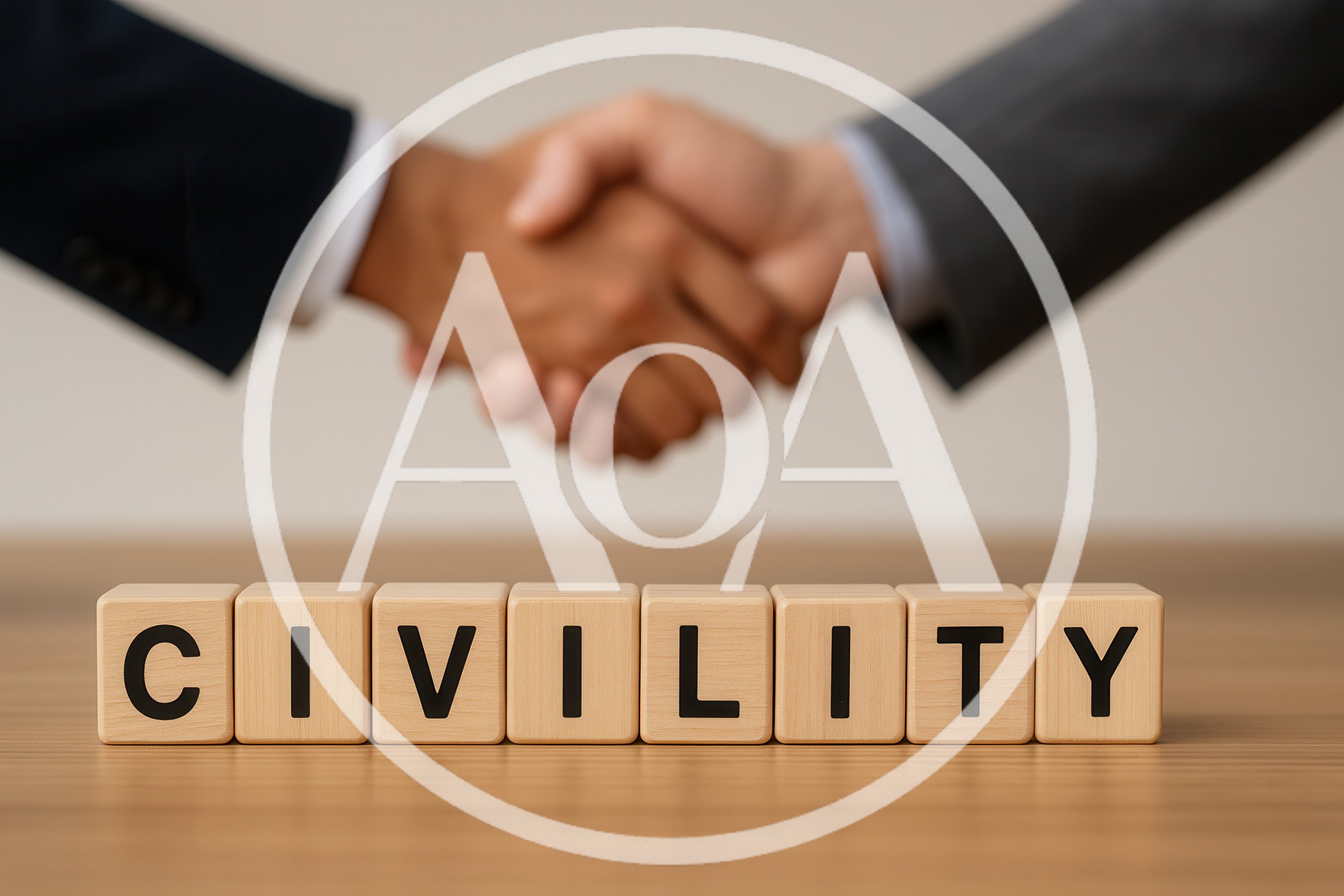 Business Handshake Over Wooden Blocks Spelling Civility