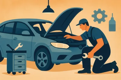 Mechanic Repairing A Car Engine In A Workshop
