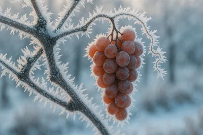 Frozen Grapes Hanging From A Frost Covered Vine