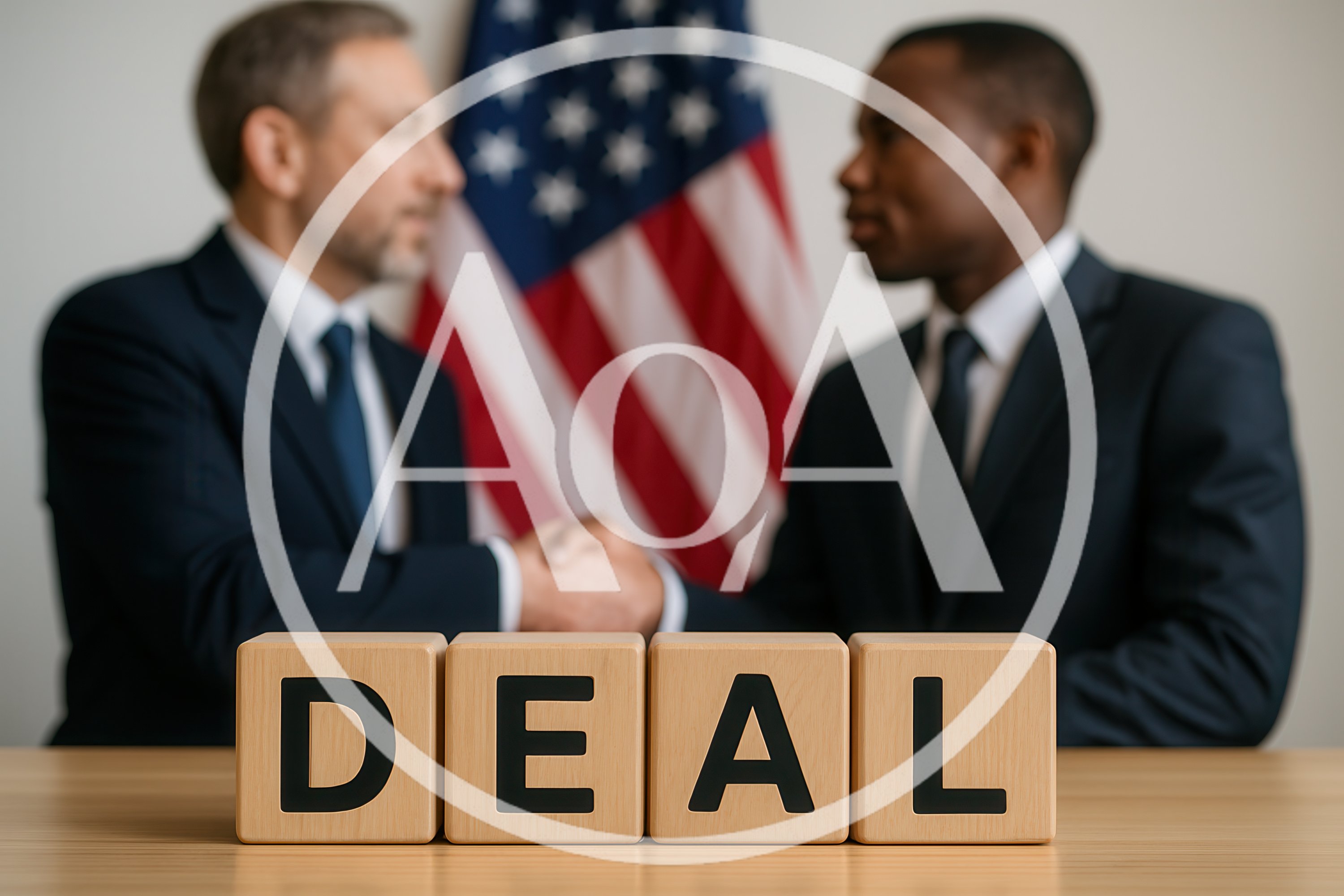 Businessmen Shaking Hands In Front Of American Flag
