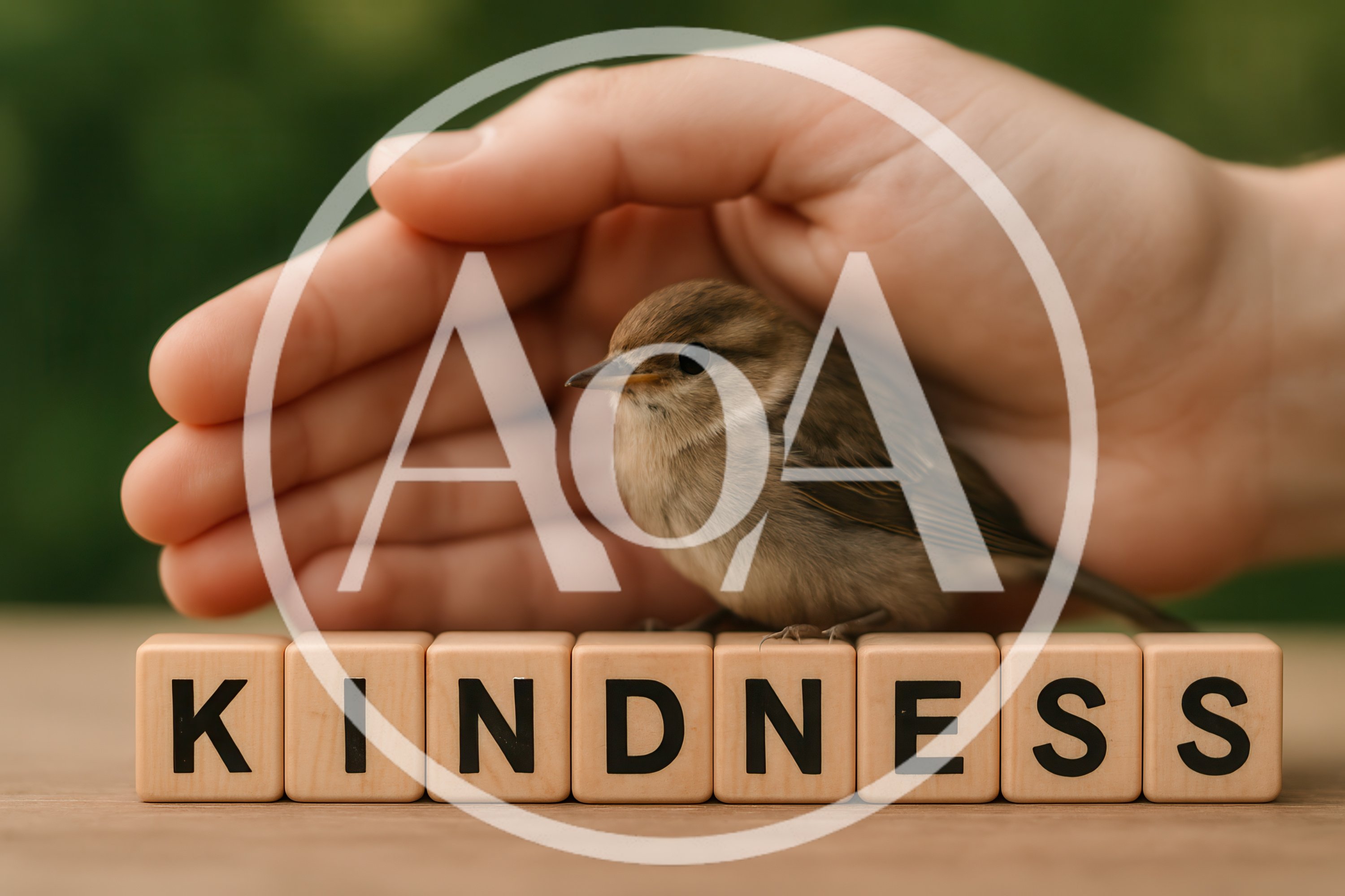 Human Hand Protecting A Small Bird On Kindness Blocks