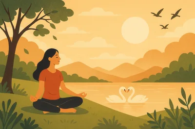 Woman Meditating By A Lake With Swans