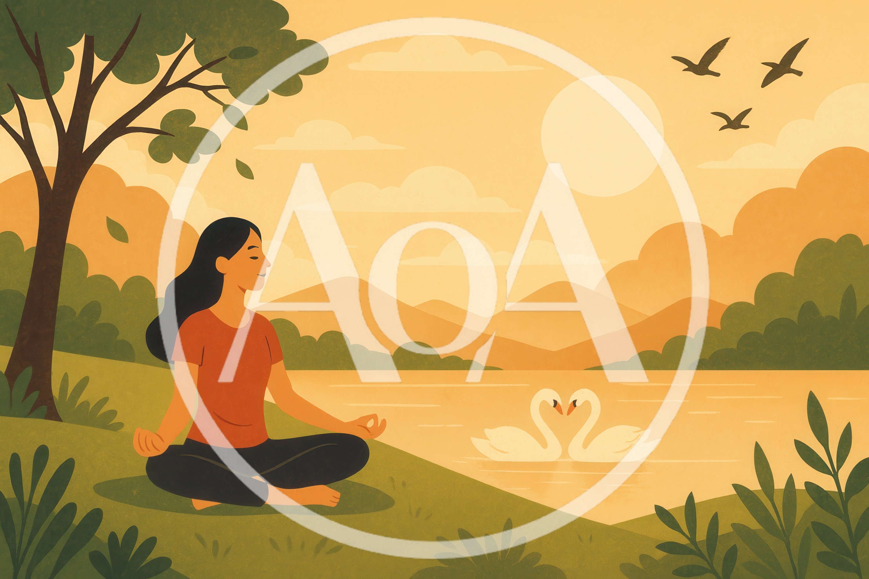Woman Meditating By A Lake With Swans