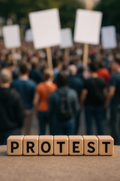 Wooden Blocks Spelling Protest In Front Of Blurred Crowd