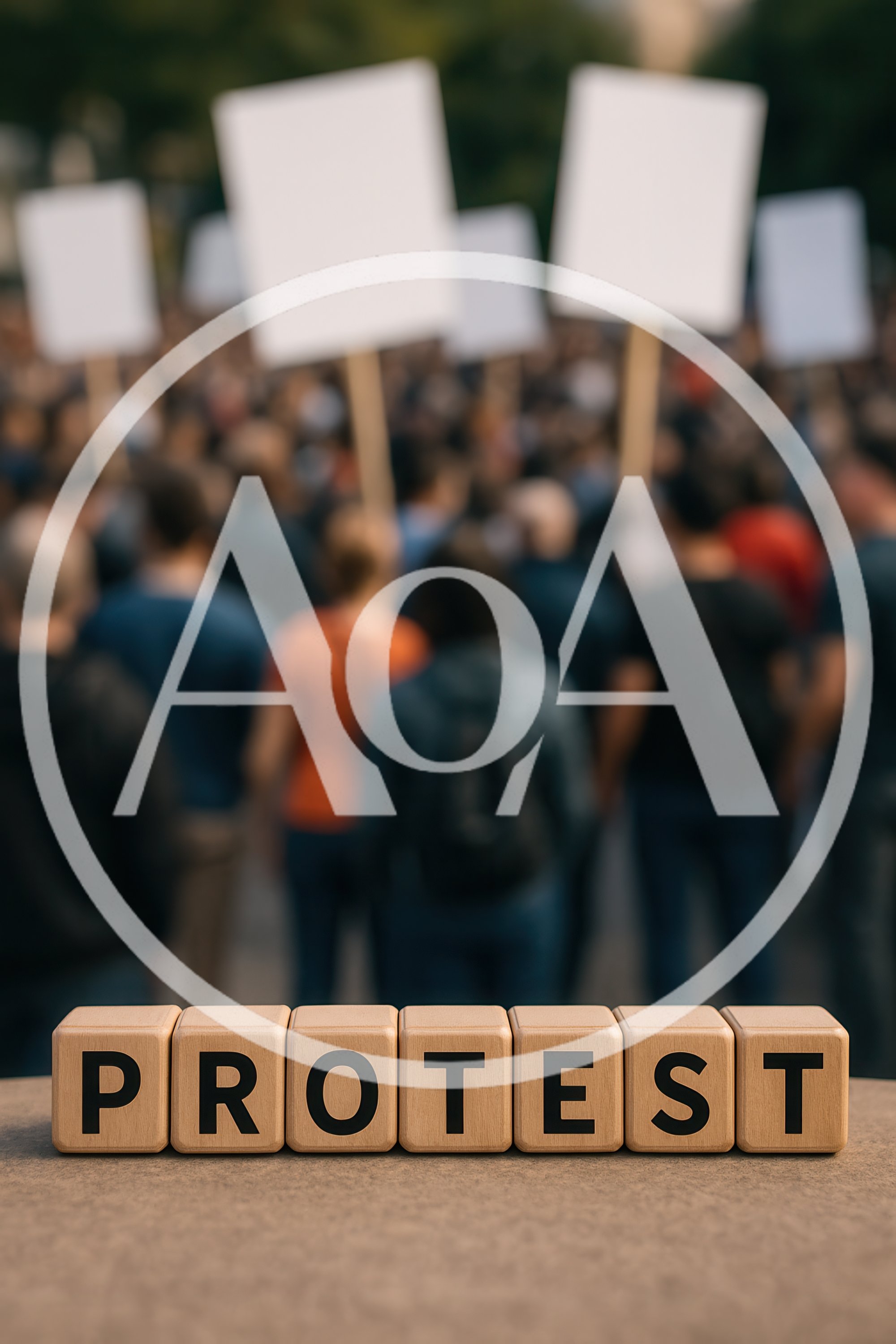 Wooden Blocks Spelling Protest In Front Of Blurred Crowd