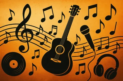 Musical Elements Illustration With Guitar And Microphone