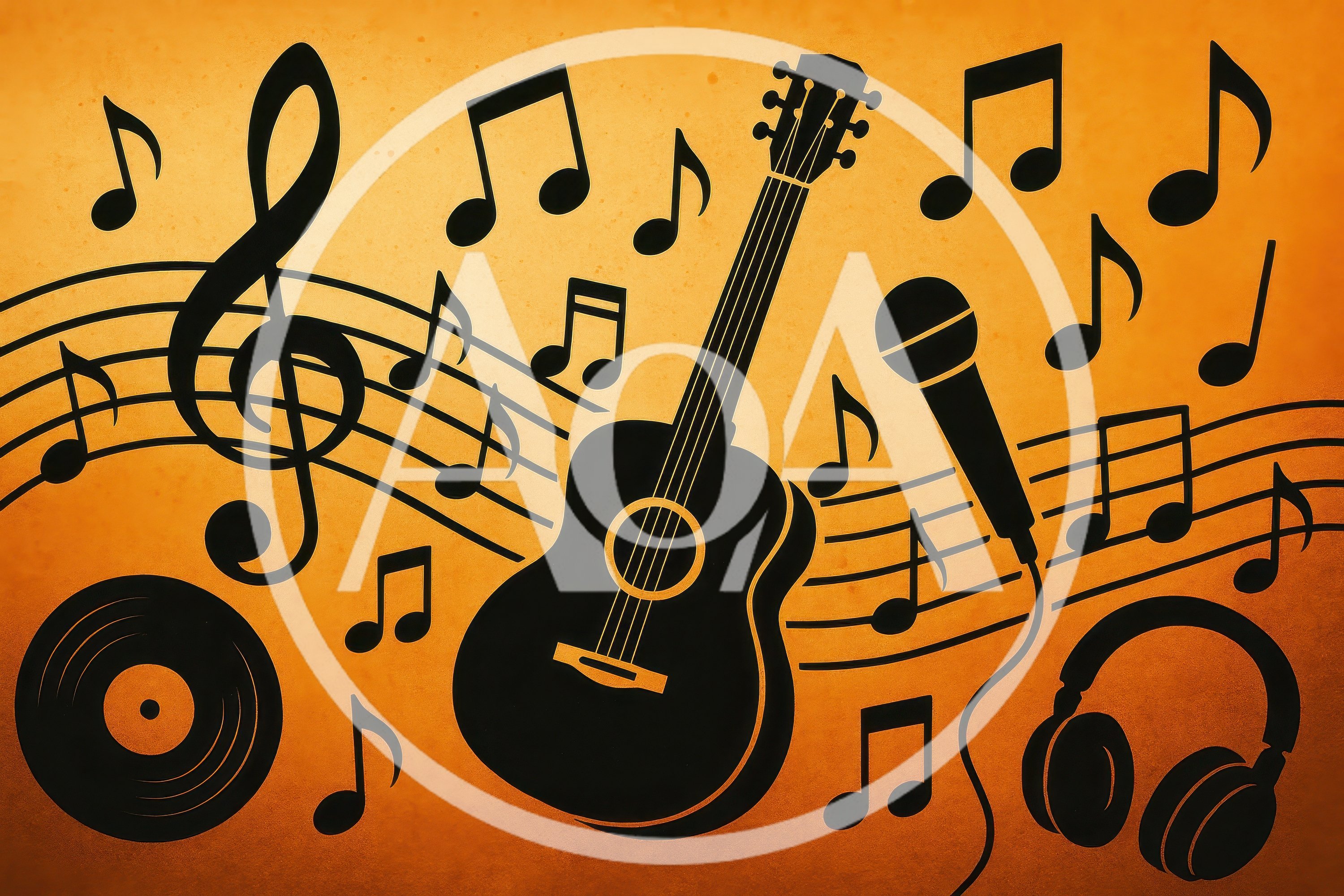 Musical Elements Illustration With Guitar And Microphone