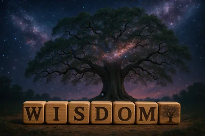 Wooden Blocks Spelling Wisdom Under A Cosmic Tree