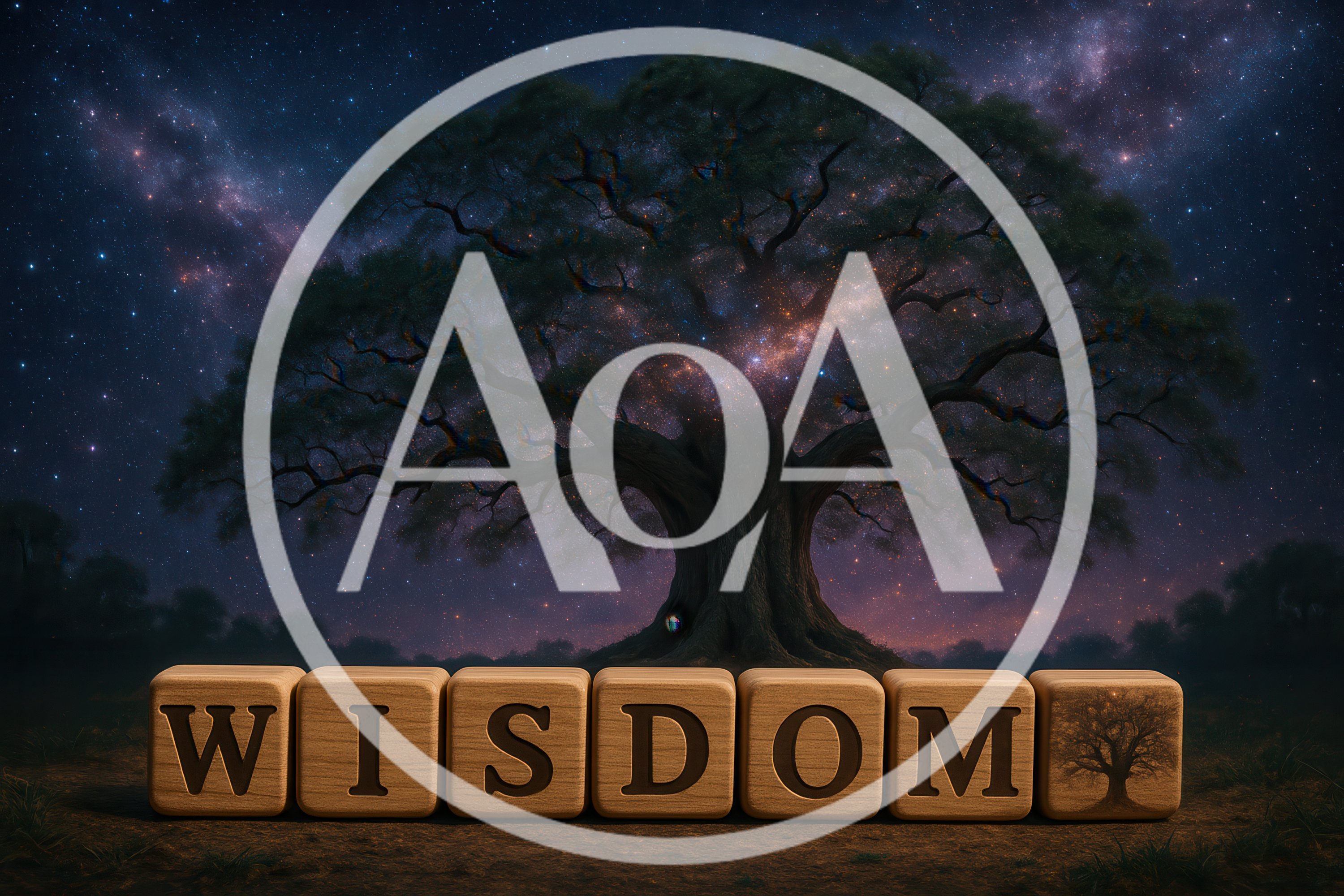 Wooden Blocks Spelling Wisdom Under A Cosmic Tree