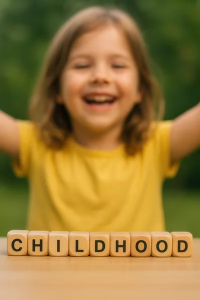 Happy Child Behind Wooden Blocks Spelling Childhood