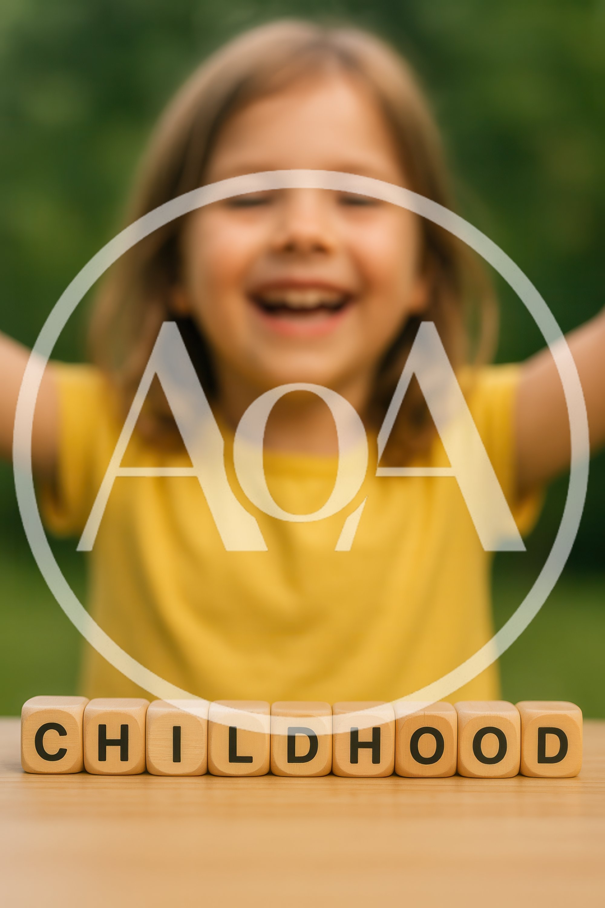 Happy Child Behind Wooden Blocks Spelling Childhood