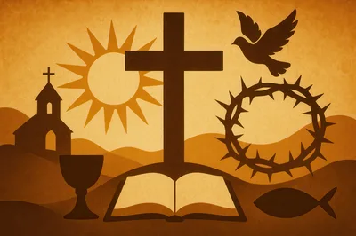 Christian Religious Symbols Collage on Textured Background