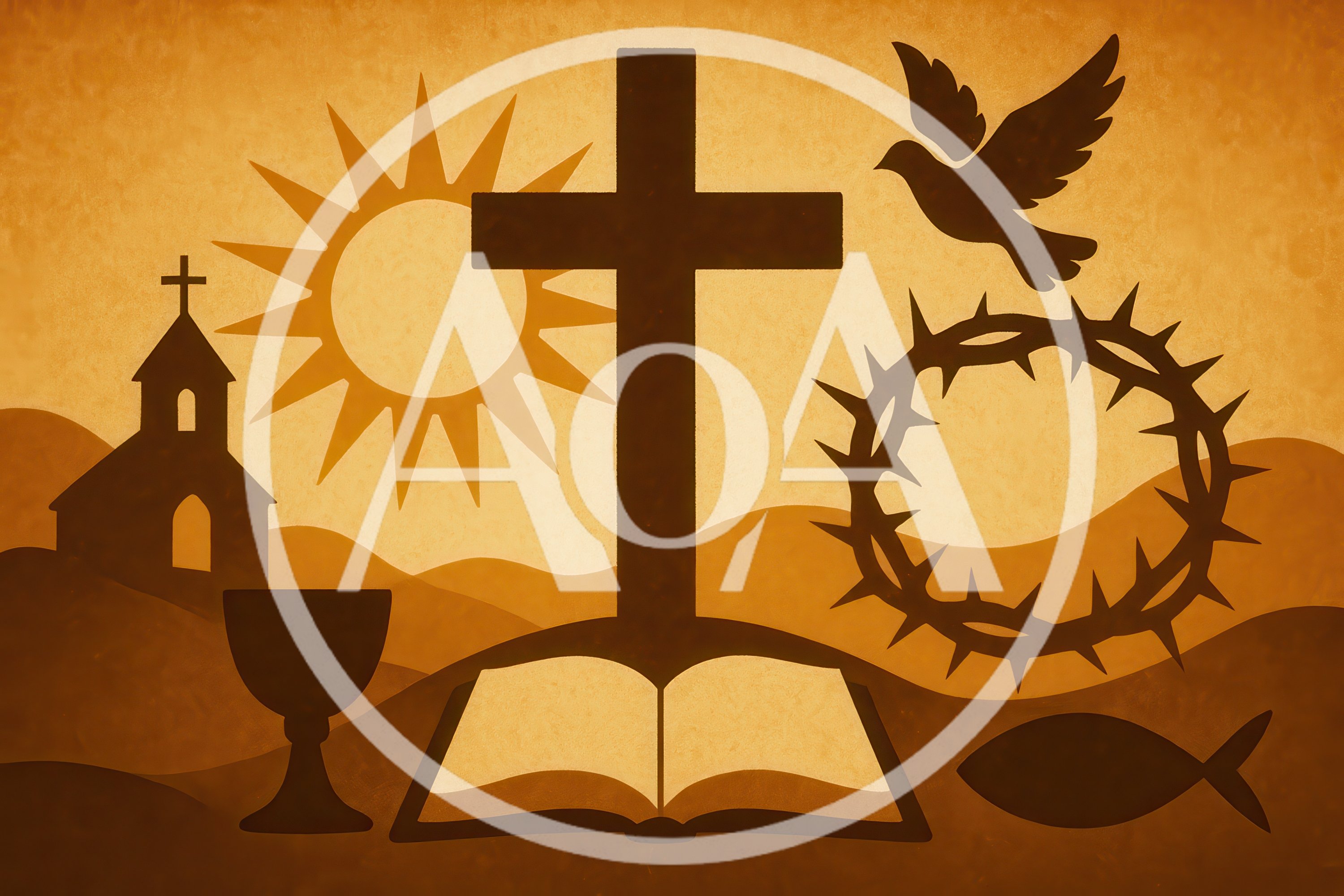 Christian Religious Symbols Collage on Textured Background