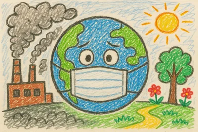 Crayon Drawing of Earth Wearing a Face Mask