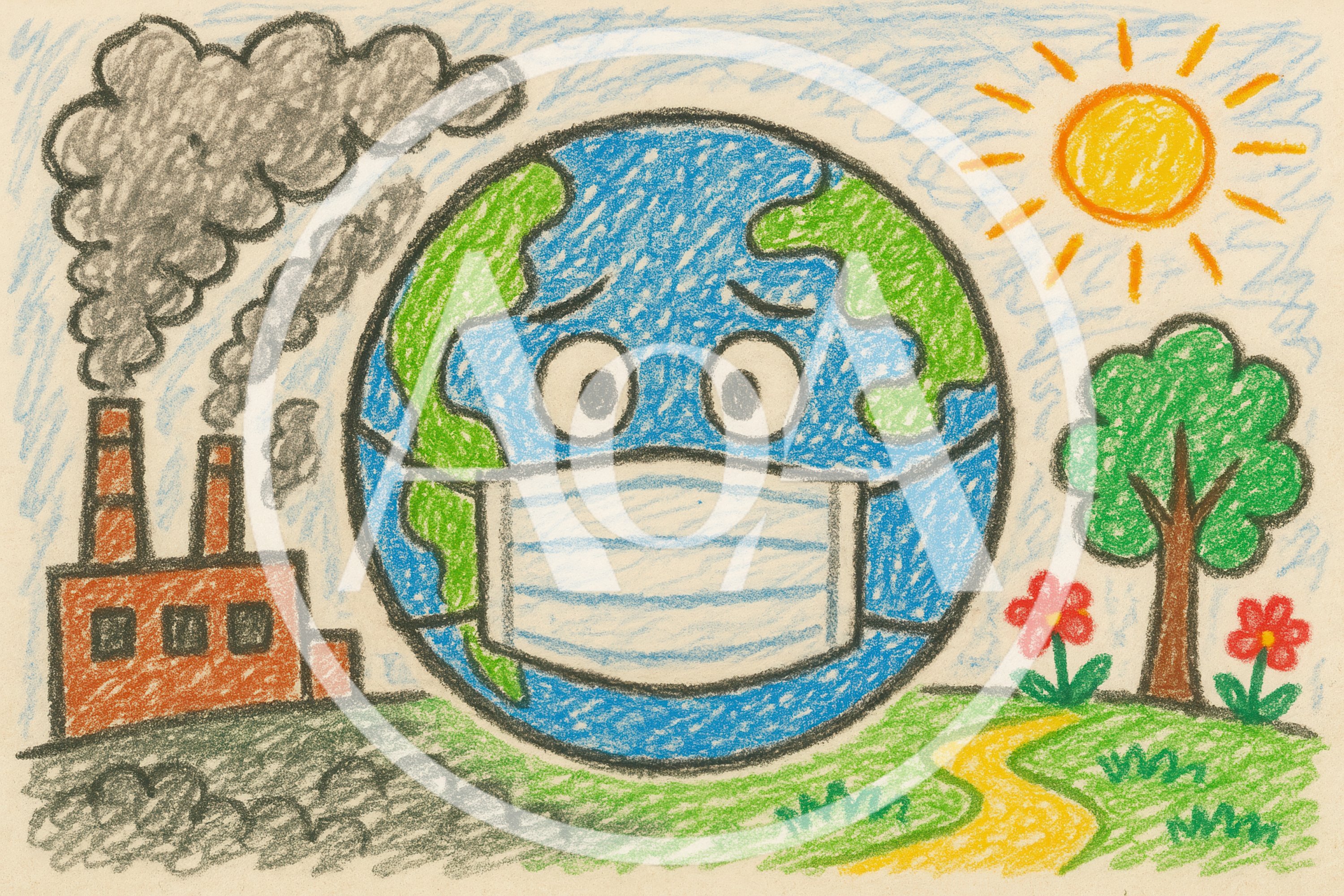 Crayon Drawing of Earth Wearing a Face Mask