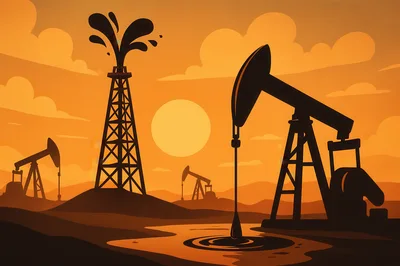 Oil Field Silhouette With Pumpjacks And Drilling Rig