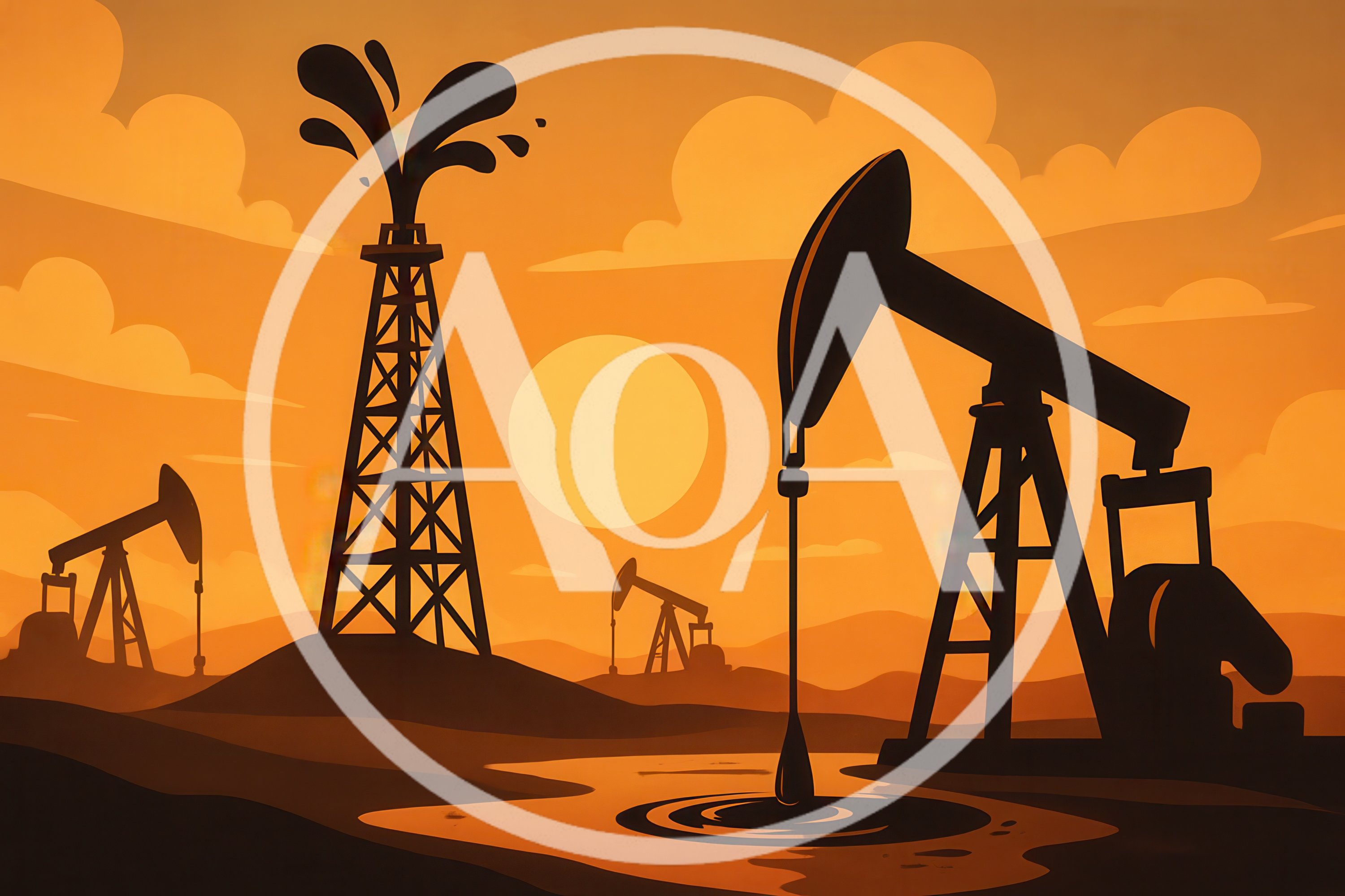 Oil Field Silhouette With Pumpjacks And Drilling Rig