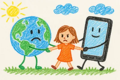 Child Caught Between Earth And Smartphone Illustration
