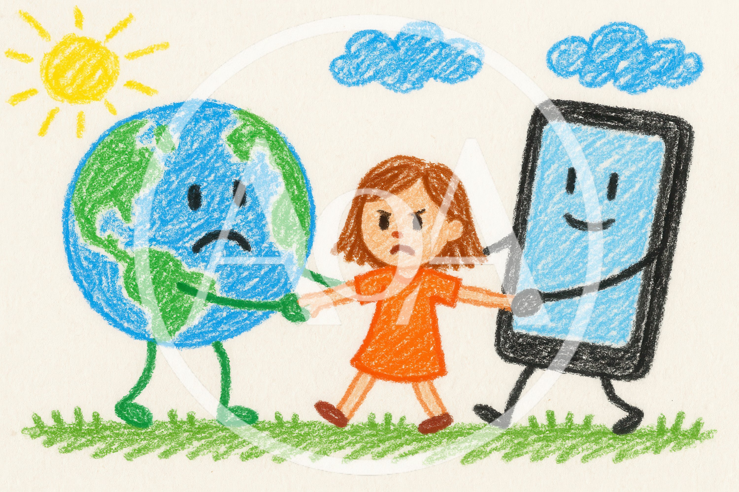 Child Caught Between Earth And Smartphone Illustration