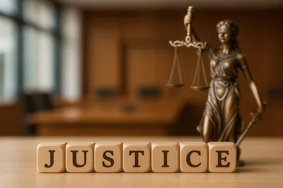 Lady Justice Statue With Wooden Blocks Spelling Justice