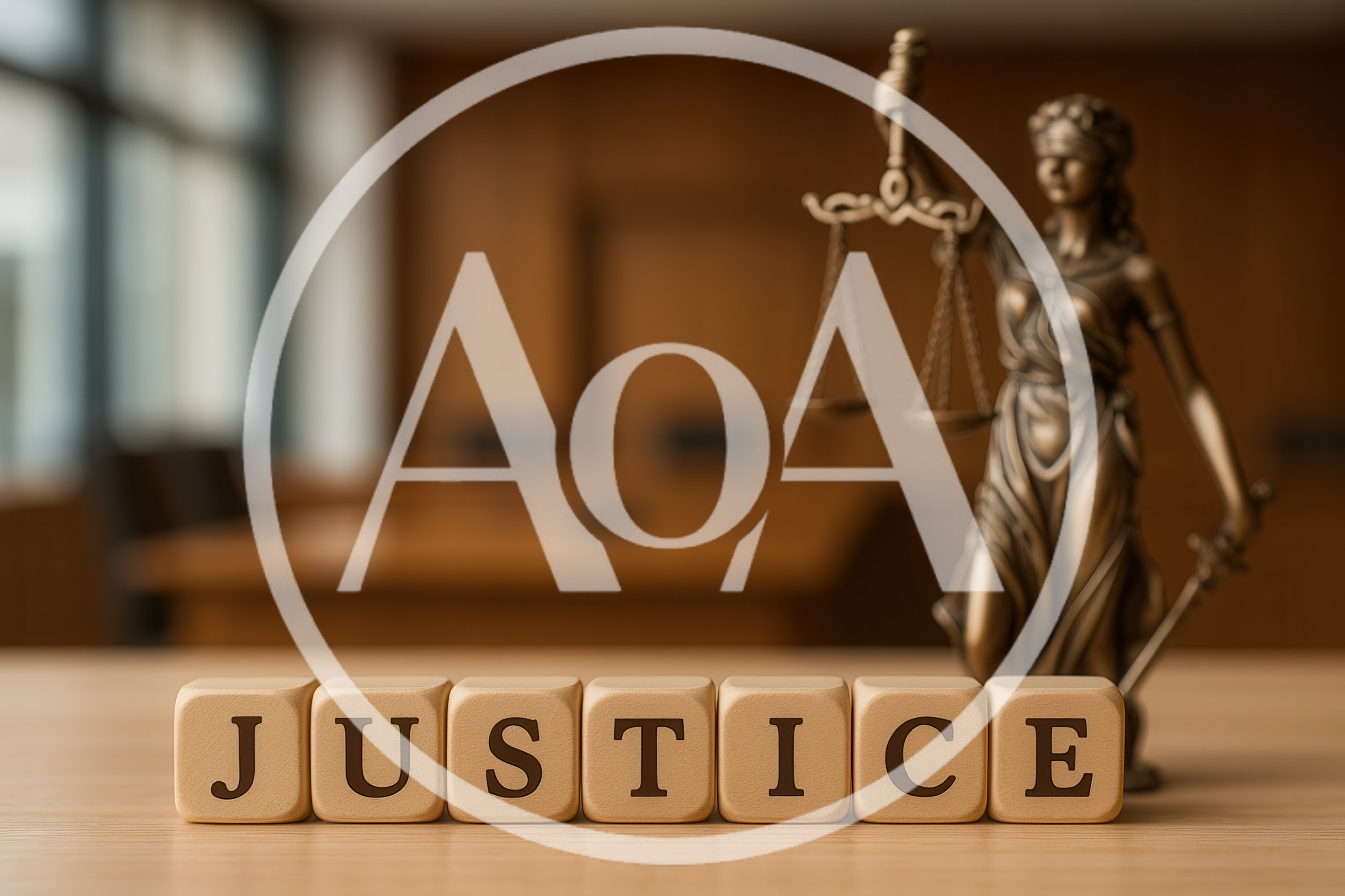 Lady Justice Statue With Wooden Blocks Spelling Justice