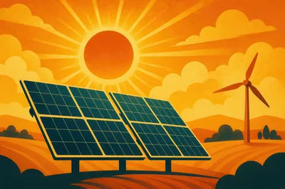 Solar Panels And Wind Turbine In Sunny Landscape