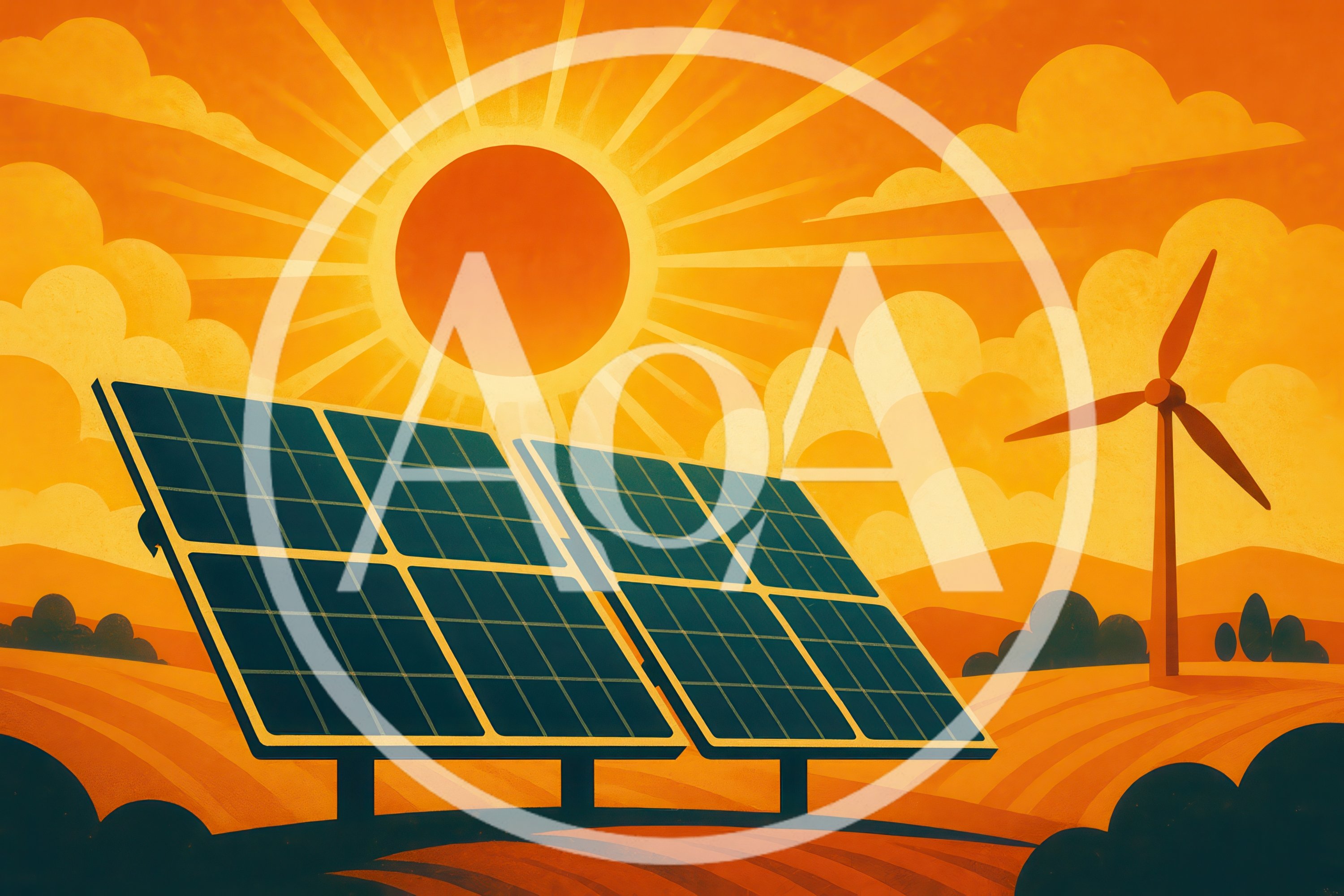 Solar Panels And Wind Turbine In Sunny Landscape