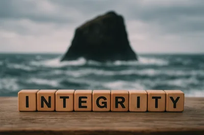 Wooden Blocks Spelling Integrity on a Beach