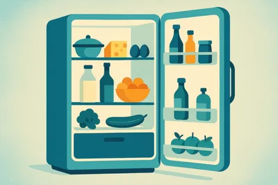 Minimalist Illustration Of An Open Refrigerator With Food