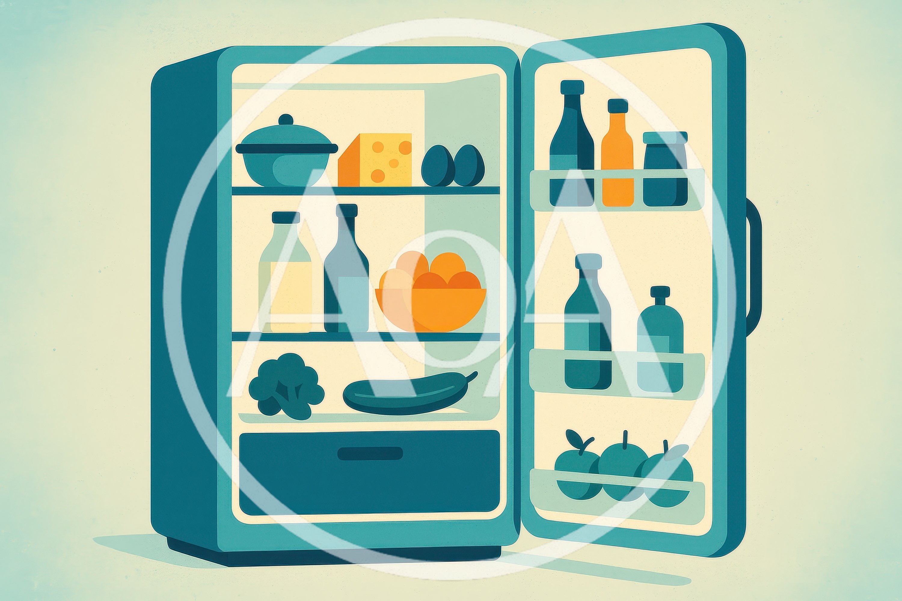 Minimalist Illustration Of An Open Refrigerator With Food
